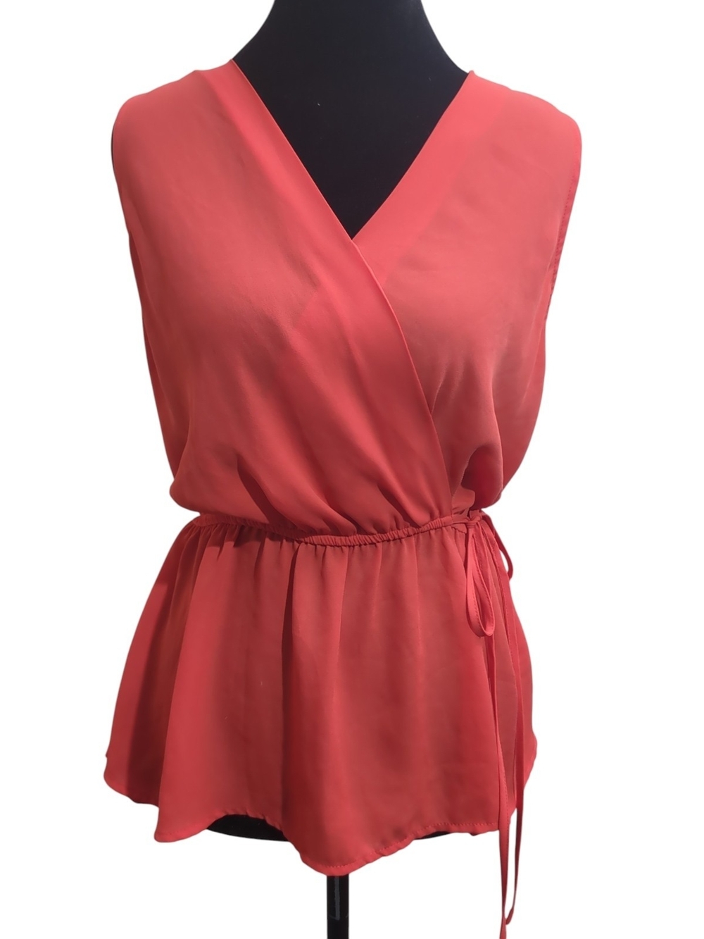 Elodie Large Coral Sleeveless Faux Wrap Blouson Top Adjustable Tie Waist Coastal